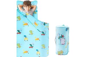 FAINSY Toddler Nap Mat with Pillow and Blanket, 100% Cotton Fabric, 56x20 inch Extra Long, Padded Sleeping mat, for Daycare Preschool Pre-k, Kids Boys Girls Extra Long (Dino, Dinosaur)