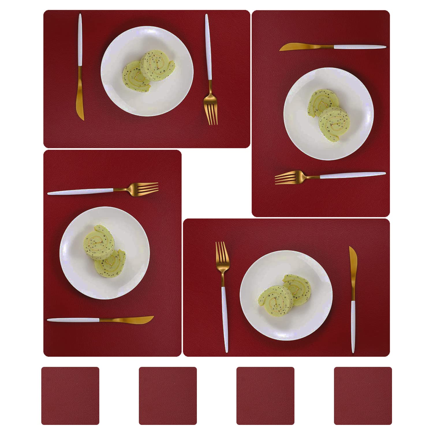 pigchcy Leather 45x30cm Placemats and Coasters Set of 4 PVC Heat-Resistant Waterproof Placemats Washable Wipeable Table Mats for Dining Room and Decor (Wine Red)