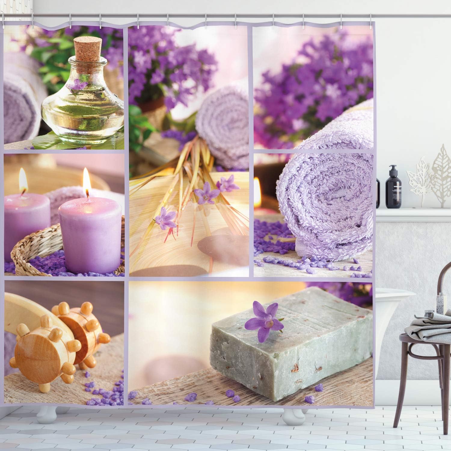 Ambesonne Spa Shower Curtain, Lavender Themed Relaxing Joyful Spa Day with Aromatherapy Oils Candles Relaxation, Cloth Fabric Bathroom Decor Set with Hooks, 70