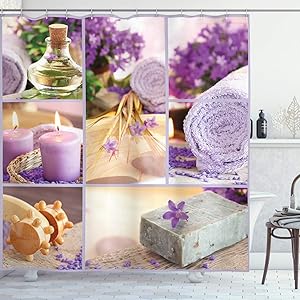 Ambesonne Spa Shower Curtain, Lavender Themed Relaxing Joyful Spa Day with Aromatherapy Oils Candles Relaxation, Cloth Fabric Bathroom Decor Set with Hooks, 70