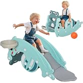 Qaba 3-in-1 Toddler Slide Rocking Horse Toy for Age 1.5-3 Mint Green | Kids Portable Slide with Basketball Hoop, for Boys and Girls