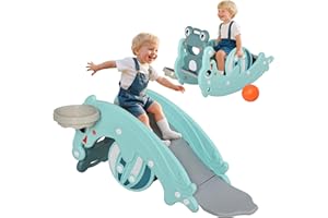Qaba 3-in-1 Kids Portable Slide Rocking Horse Toy with Basketball Hoop for Age 1.5-3 Boys and Girls, Mint Green