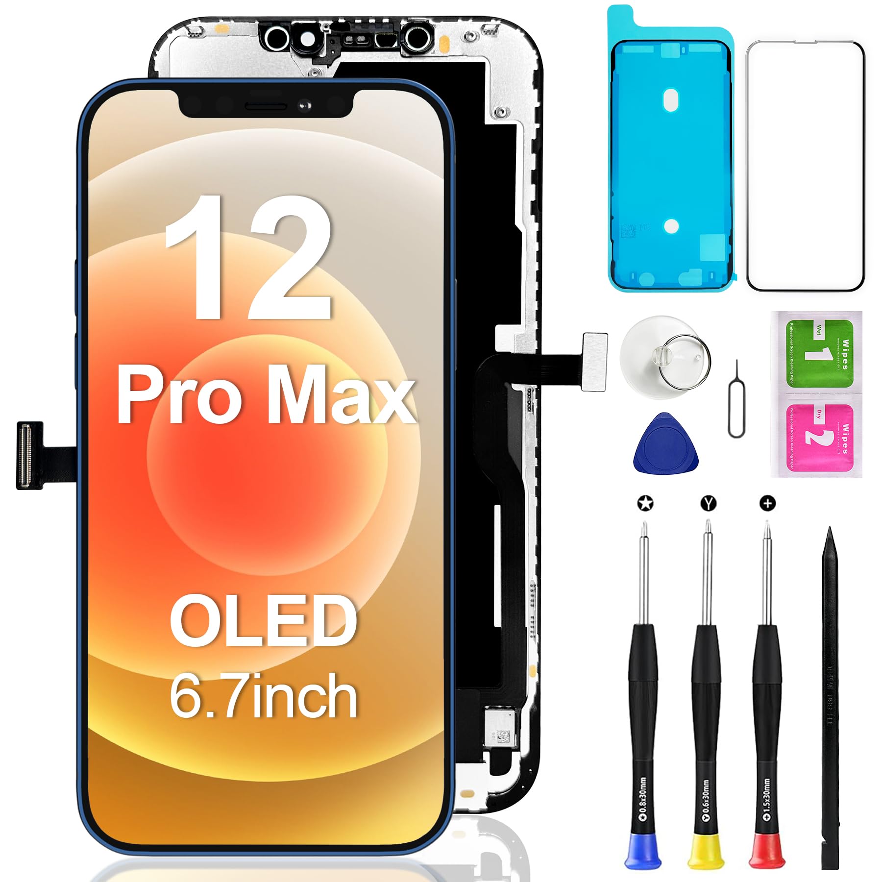 Photo 1 of for iPhone 12 PRO MAX Screen Replacement OLED 6.7 Inch [NOT LCD], 3D Touch Display Screen FHD Digitizer Assembly Compatible with A2342,A2410,A2411,A2412 with Waterproof Adhesive, Repair Tools Kit