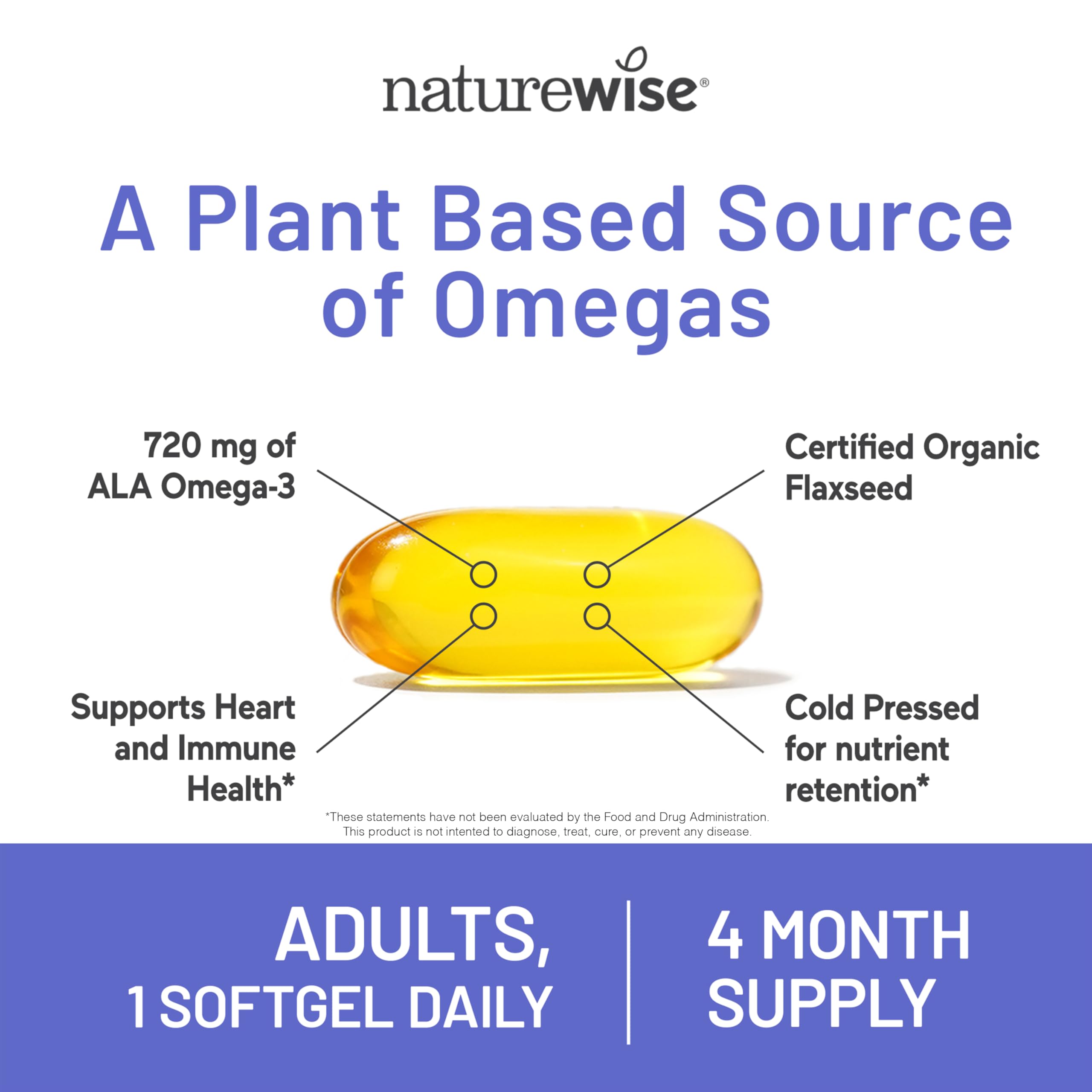 NatureWise Flaxseed Oil 1200 mg, Fish Free Omega 3 6 9 with 720mg ALA, Dietary Supplement for Heart Health Support - Organic, Cold Pressed, Non-GMO - 120 Softgels[4-Month Supply]