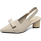 Women's Knitted Bow Slingback Chunky Heel Pumps Closed Pointed Toe Slip On Low Block Heels Daily Work Office Dress Shoes
