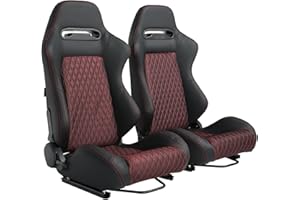 WTRAVEL Racing Seats 2 Pcs Reclinable Bucket With 2 Sliders - Adjustable PU Leather Universal Sport Seats for Cars (Black Claret, 35.1"21.2"21.6")
