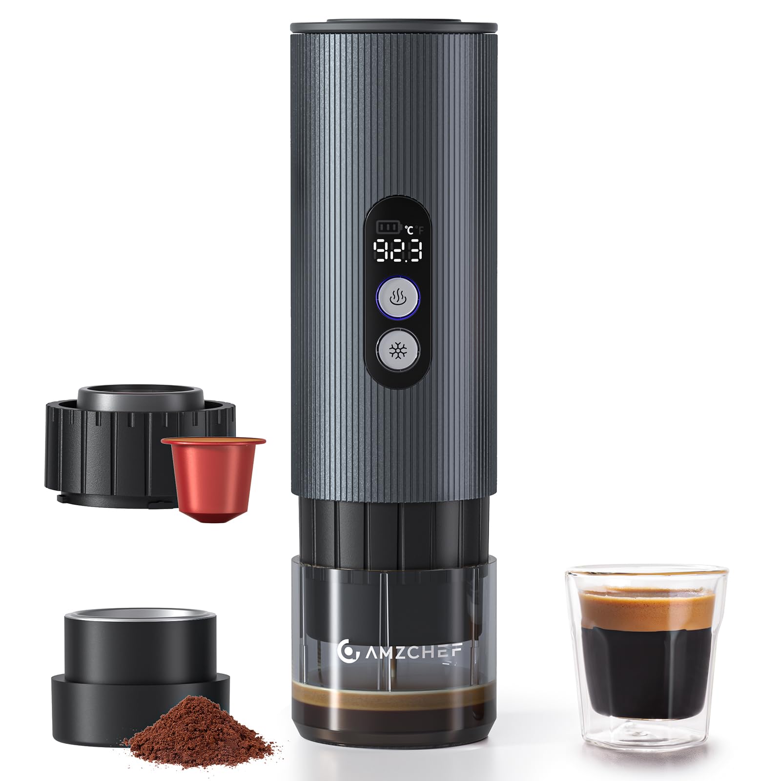 Photo 1 of AMZCHEF Portable Coffee Maker Rechargeable w/ 9000mAh Battery, 2-in-1 Travel Espresso Maker for Ground/NS Capsules, Car Espresso Machine Self-Heating for Camping, RV, Hiking, Office, Aluminum