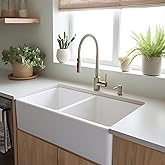 Sinkology Turner 33 Inch White Fireclay Farmhouse Kitchen Sink, Double Bowl, Apron Front, Undermount Installation, Fits 36 In