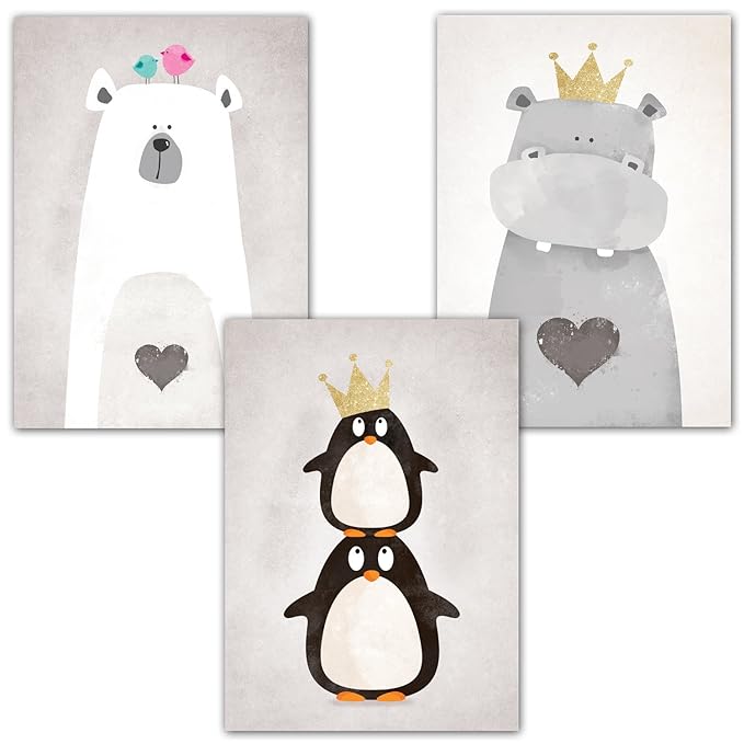 Frechdax® 3er Set Kinderzimmer Poster Babyzimmer DIN A4 ohne Bilderrahmen | Mädchen Junge | Kinderposter Kunstdruck im skandi