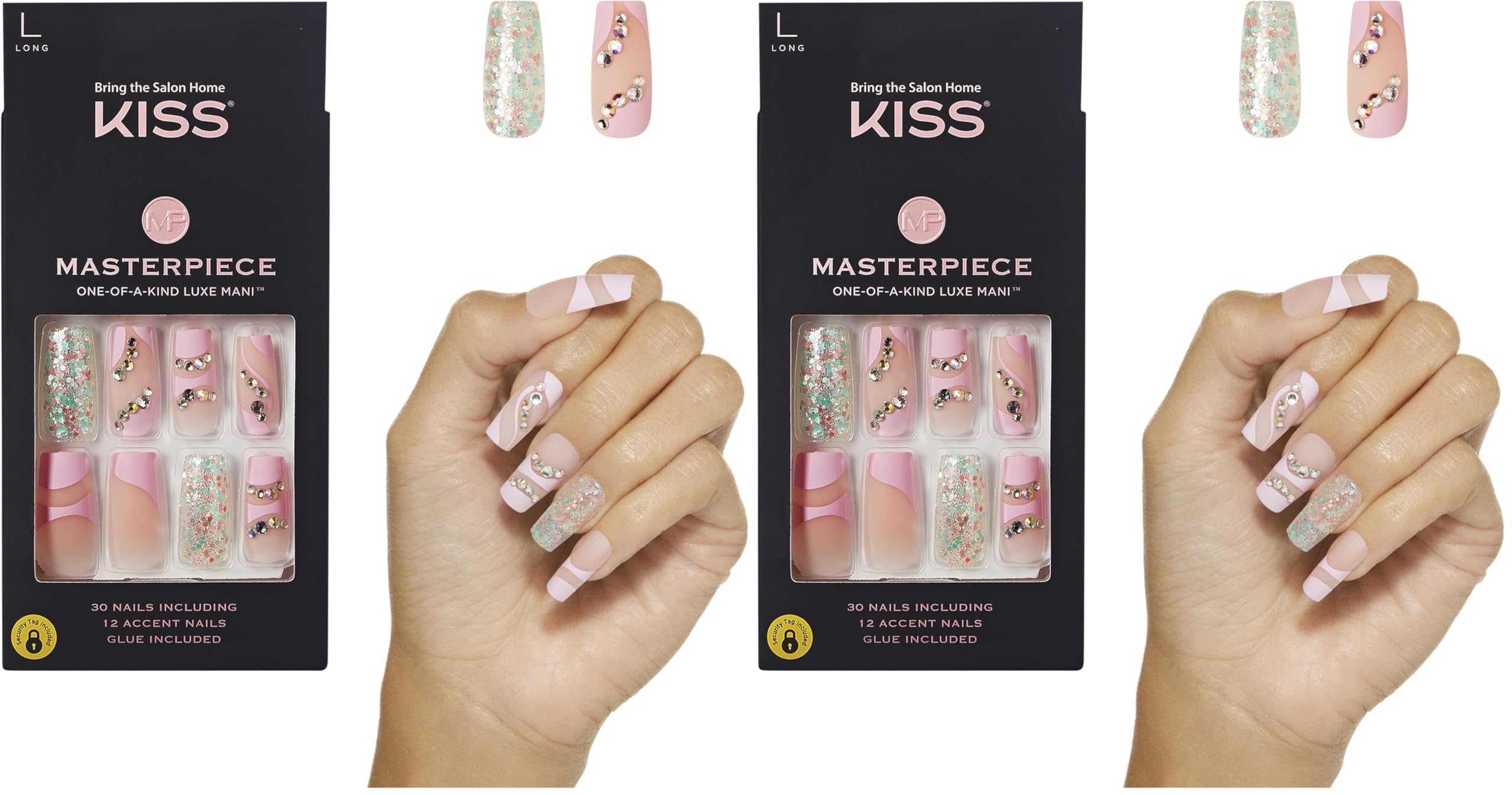 KISS Masterpiece One-Of-A-Kind Luxe Manicure – Long, Square – Sweetest Pie, Waterproof, Durable, Flexible, No Damage, Trendy & Intricate Nail Art From Home, Lasts Up to 7 Days | 30 Count (Pack of 2)