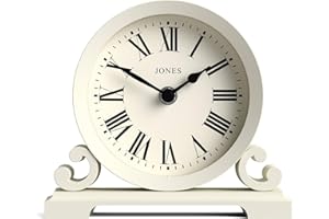 JONES CLOCKS® Saloon Mantel Clock | Traditional Double Scroll Design | Pale Cream | Roman Numerals | Classic Style for Desk, Table, Shelf or Bedside