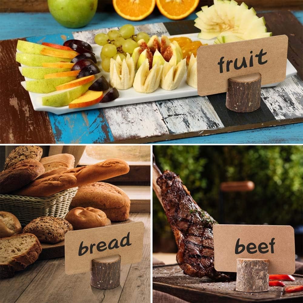 Toncoo Wood Place Card Holders, 10Pcs Premium Rustic Table Number Holders and 20Pcs Kraft Table Place Cards, Wood Photo Holders, Ideal for Wedding Party Table Name and More: Home & Kitchen