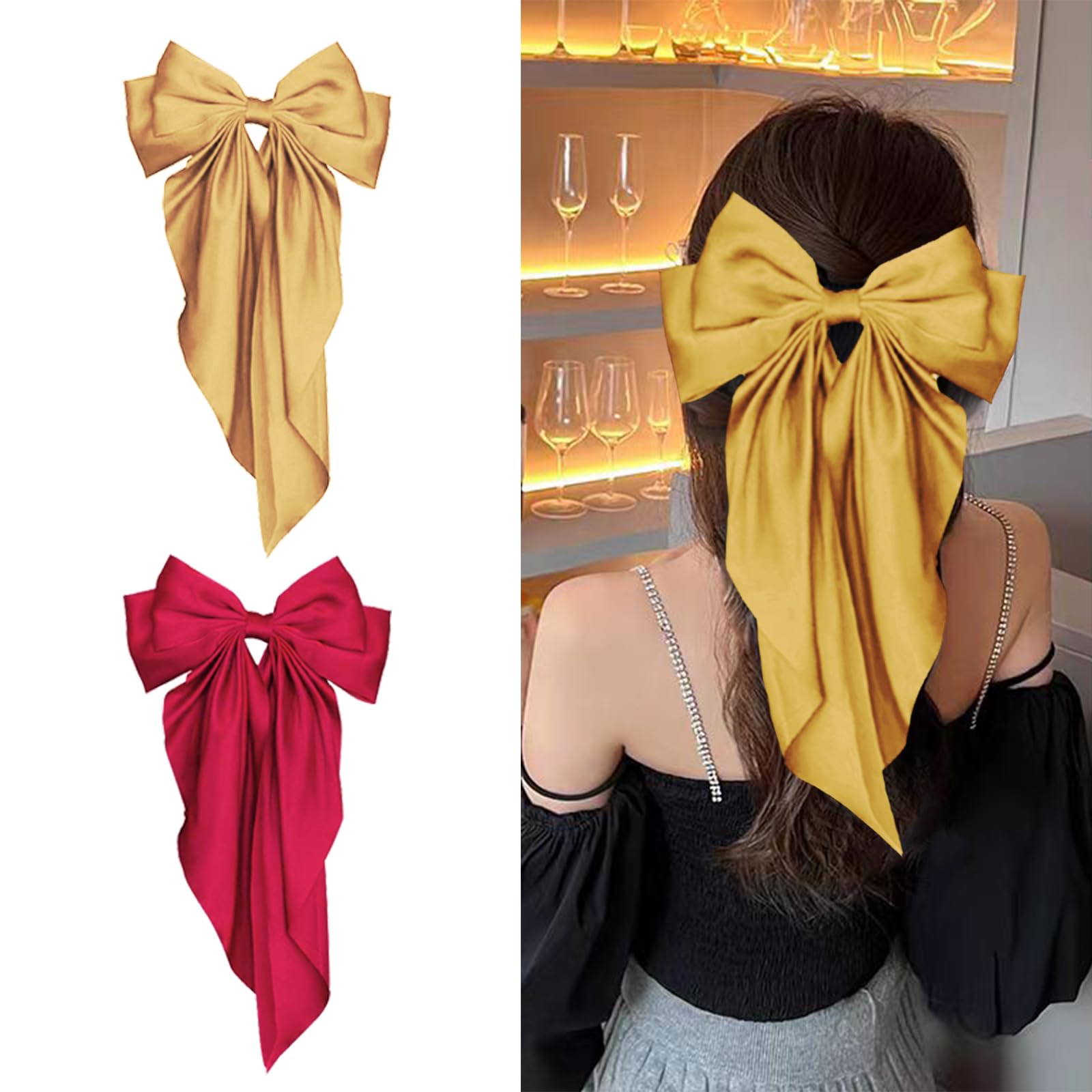 2Pcs Big Satin Hair Clips for Women & Girls - 37cm Long Tail French Bow Hair Barrettes, Soft Silky Hair Accessories for Daily Wear, Holiday, Wedding (Gold and Red)