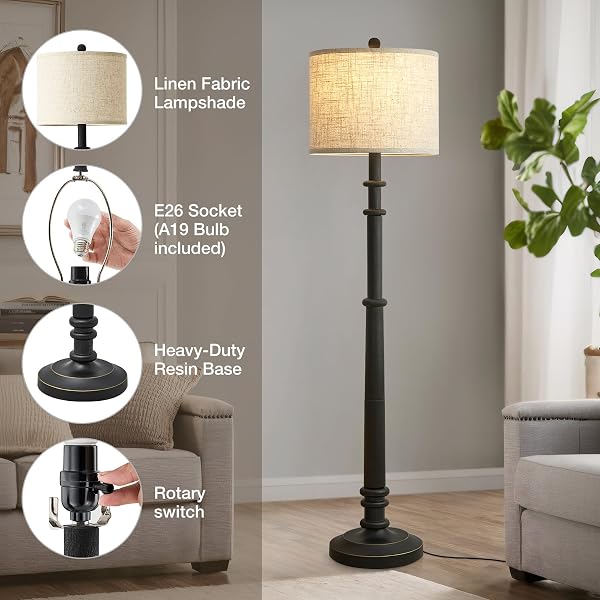 FLOOR LAMPS FOR LIVING ROOM – 60″ RESIN FARMHOUSE FLOOR LAMP WITH ADJUSTABLE COLOR TEMPERATURES – VINTAGE STANDING LAMP READING LIGHT WITH LINEN SHADE RETRO TALL LAMP FOR BEDROOM OFFICE, BLACK