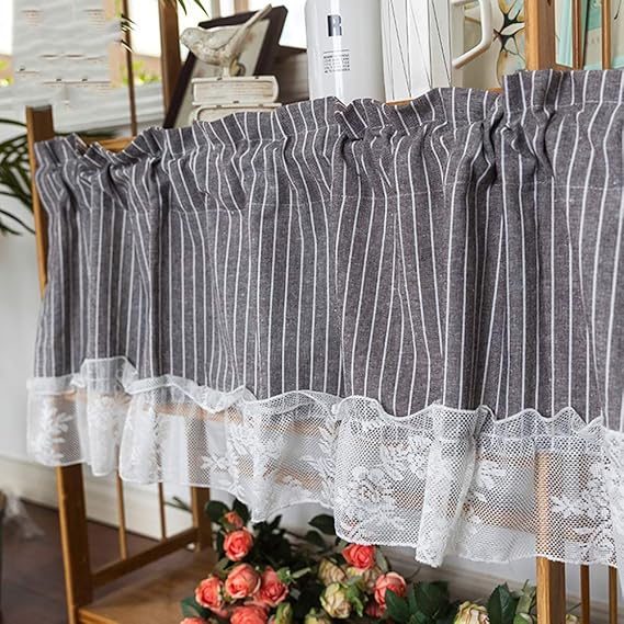 XGGYOOG Cortina de Café de Cocina, Cortinas Opacas de Encaje a Rayas