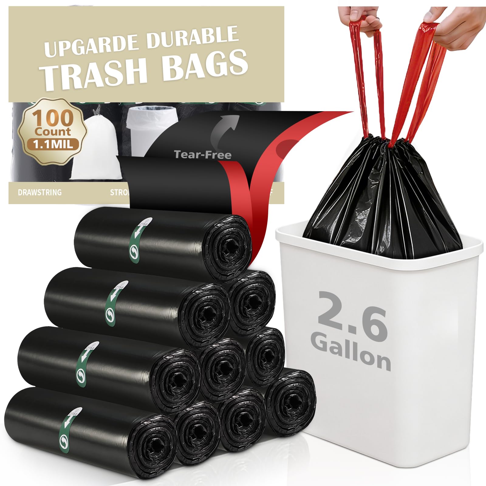 Photo 1 of 100 Counts 2.6 Gallon Trash Bag Drawstring Small Trash Bags, Thick Pre-separated Garbage Bags, Trash Bin Liners, Suitable for bathroom, kitchen, bedroom, office (Black)
