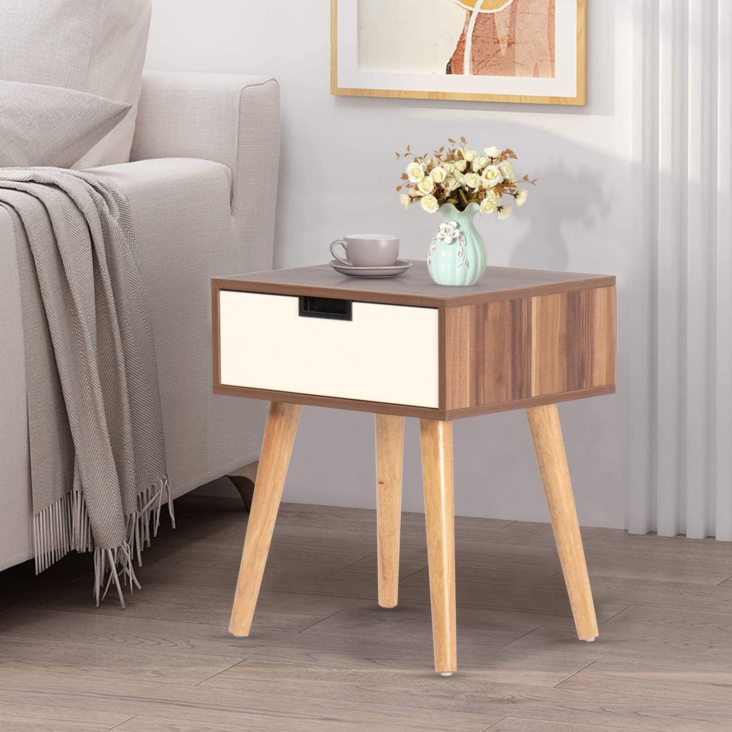 MOOSENG Wood Nightstand End Side Drawer and Open Shelf Accent Table Modern Furniture in Bedroom Home, Brown: Furniture & Decor