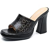 Peijely Women's Knit Platform Mule Sandals, Square Toe, Block Heel Slip-On Slides, Chunky High Heel Summer Shoes