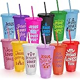 Cinrobiye 24 Pcs Christian Gifts Cups Bulk Bible Jesus Plastic Tumblers Cups with Lids and Straw 24 oz Religious Church Gifts Drink Cups for Wedding VBS Sunday School Party Activities