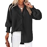 Women's Striped Button Down Shirts Long Sleeve Smocked Cuffed Oversized Boyfriend Blouses Collared Work No Pockets Tops