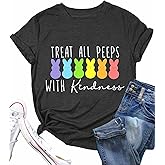 Easter Teacher Shirts for Women Treat All Peeps with Kindness T-Shirt Short Sleeve Teacher Bunny Tee Tops