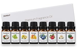 BISIRBAT Fruity Fragrance Oil - Essential Oils for Candle Making, Soap Making, Aromatherapy Diffuser, Slime Add Ins - 10ml x 8 Premium Essential Oil Set - Diffuser Oil Strawberry, Lemon, Blueberry, Coconut