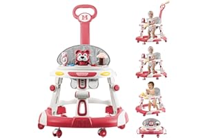 GODMY Baby Walker, 4-in-1 Foldable Baby Walkers and Baby Activity Center with Toys Tray,3-Gear Height Adjustable Infant Toddler Baby Walker with Wheels for Baby Boys and Girls 6-24 Months(Pink)
