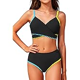 Girls Swimsuit Color Block Criss Cross V-Neck Contrast Trim Geometric Pattern Two Piece Girls Bikini Set 9-16Y