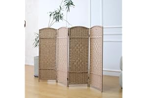 Furnnylane 4 Panel Rattan Divider Short Room Partition Screen,Double Sided Folding Divider for Room Separation,Light Brown,47.2" H x 63" W