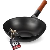 YOSUKATA 11.8" Pre-Seasoned Flat Bottom Black Carbon Steel Wok for Stir Fry | Flat Bottom Wok for Stir Fry, BBQ, Grill &amp; Camping &ndash; Traditional Chinese Cookware &ndash; For Induction, Electric, Gas, Open Fire