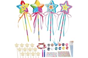 Byncceh 12 Sets Make Your Own Wooden Princess Wand Craft Kit, Fairy Wands Kit Include Fairy Wands, Gems Stickers, Paint & Ribbons Decorate Art DIY Magical Show for Party Supplies for Girls Gifts