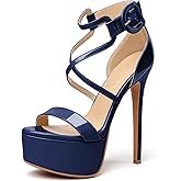 Eldof Women's Platform Sandals Ankle Strap 5.9" High Heels Cross Strap Stilettos Open Toe Ankle Strap Crisscross Sandals