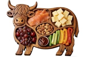 Cow Charcuterie Board, Highland Cattle Wooden Platter, Animal Shaped Appetizer Serving Board with Compartments, for Cheese, M
