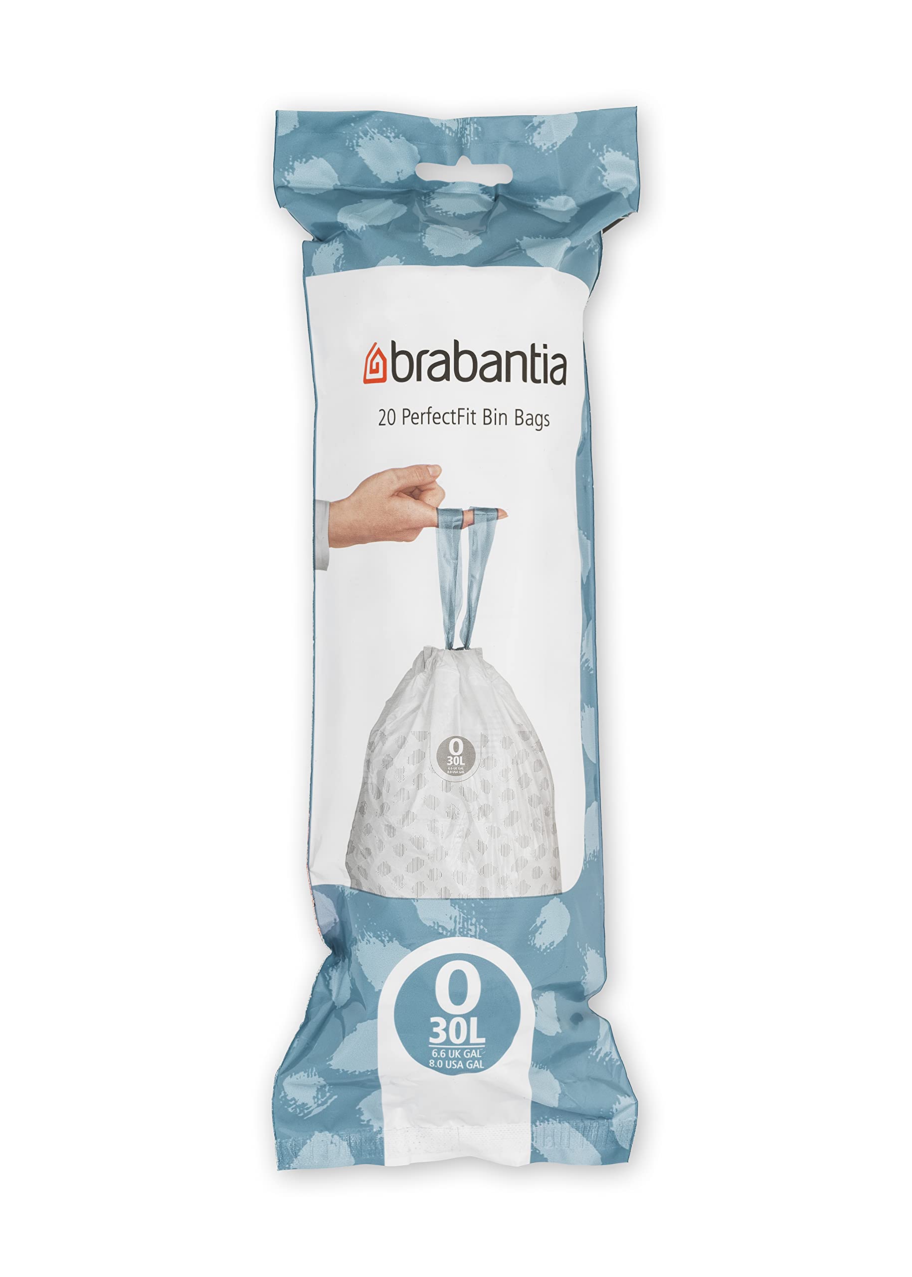 Brabantia IdealFit Bin Liners (Size O/30 Litre) Ideal Quality Thick Plastic Trash Bags with Tie Tape Drawstring Handles (20 Bags), White