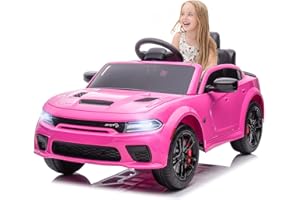 YOFE Electric Car for Kids,Licensed Dodge Charger SRT Hellcat Ride on Car,3.1mph Max Speed,12V 7A Kids Electric Vehicle with Remote Control for Kids,Music,LED Light,Bluetooth (Pink)