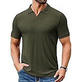 COOFANDY Men's Ribbed Polo Shirts Short Sleeve V Neck Slim Fit Polo T-Shirt Casual Summer Collared Golf Shirt