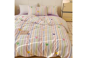 BlueBlue Heart Kids Duvet Cover Set Queen 100% Cotton Bedding for Boys Girls Teens Pink Blue Green Yellow Love on Rainbow Stripe 1 Modern Full Comforter Cover 2 Pillow Shams, Queen