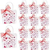 Cossneer 12Pcs Valentine Day Heart Printed Gift Bags with Handles Reusable Valentine Clear Plastic Gift Bag Valentine's Day Gift Party Favor Bags with Ribbon for Valentine Birthday Wedding Party (12)