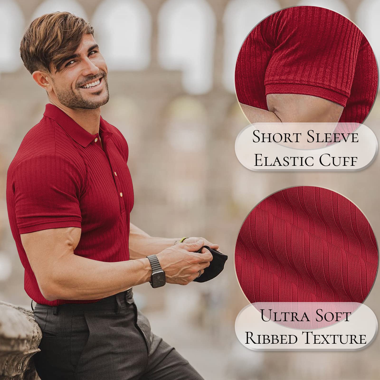 Muscle Polo Shirts for Men Short Sleeve Slim Fit Golf Shirts for Men Casual Dry Fit T Shirts Ribbed Knit Bowling Shirts