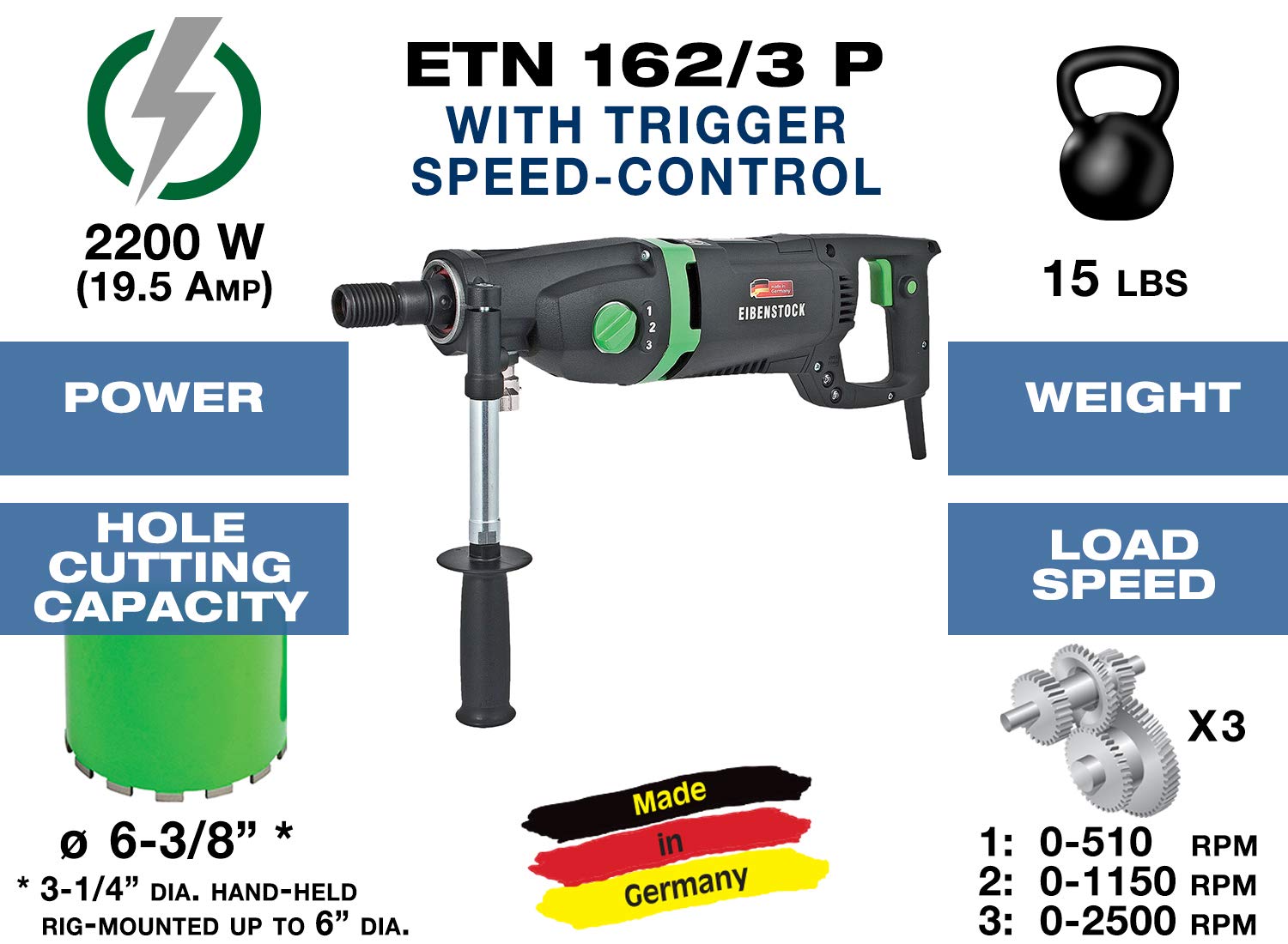 CS Unitec ETN 162/3 P, 6-3/8" Capacity Concrete Core Drill, Wet/Dry Diamond Core Drill, 3-Speed for Concrete Brick, Block - Image 4