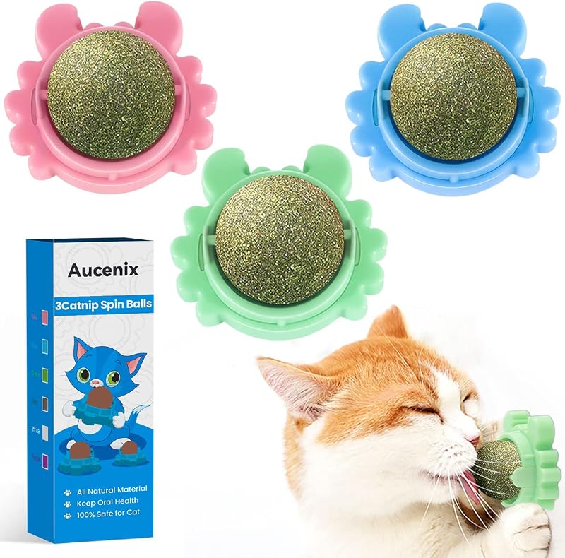 Aucenix Catnip Balls Toy Wall Rollers for Cats Pink Blue Green 360° Rotation
