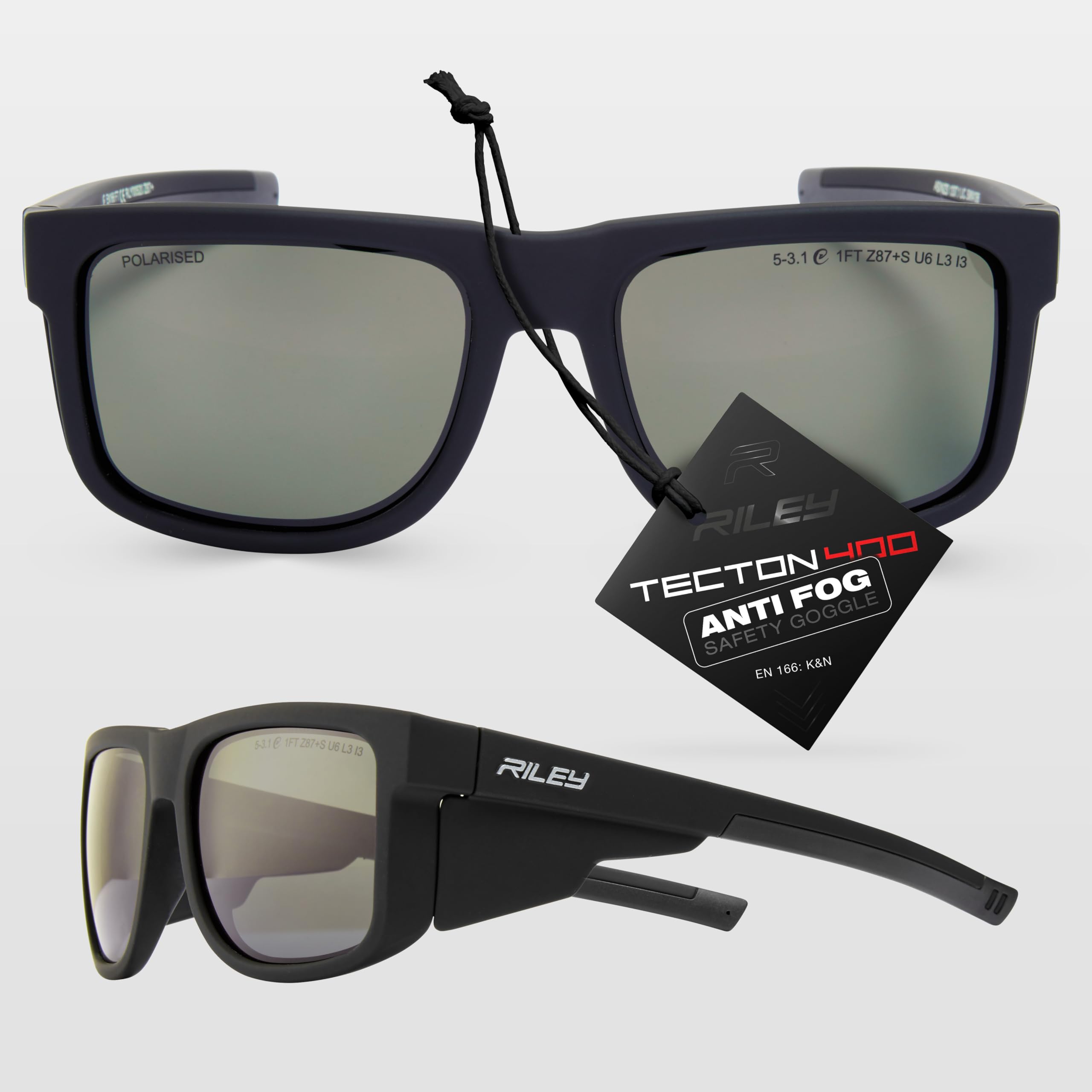 Riley Navigator Safety Glasses for Work – Anti-Fog, Anti-Scratch Eye Protection Glasses, UV Safety Sunglasses for Men with Polarised Lenses, Impact Resistant, Adjustable Fit - Polarised Lens