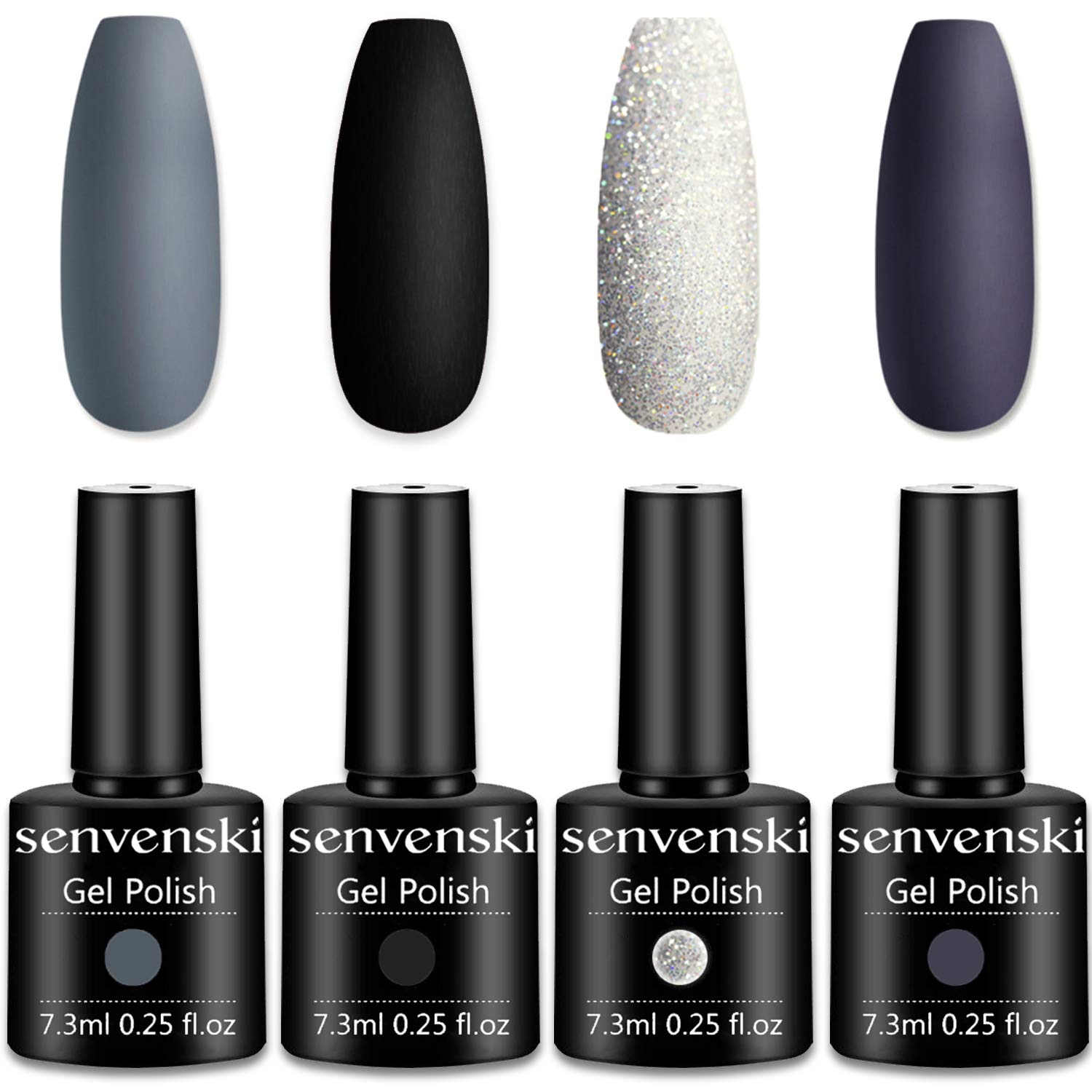 Senvenski Gray Black Gel Polish Kit - UV/LED Soak Off Nail Art Set with White Glitter Dark Purple Charcoal Pewter Colours | Manicure Gift Kit for Women Salon, Halloween Designs & French Tips(CS010)
