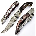 TZ KNIVES FZ 01 Handmade Damascus pocket knife for men Folding knife with liner lock Bushcraft knife for Fishing Camping Hiking | Damascus steel hunting Camping Knife with Leather Sheath
