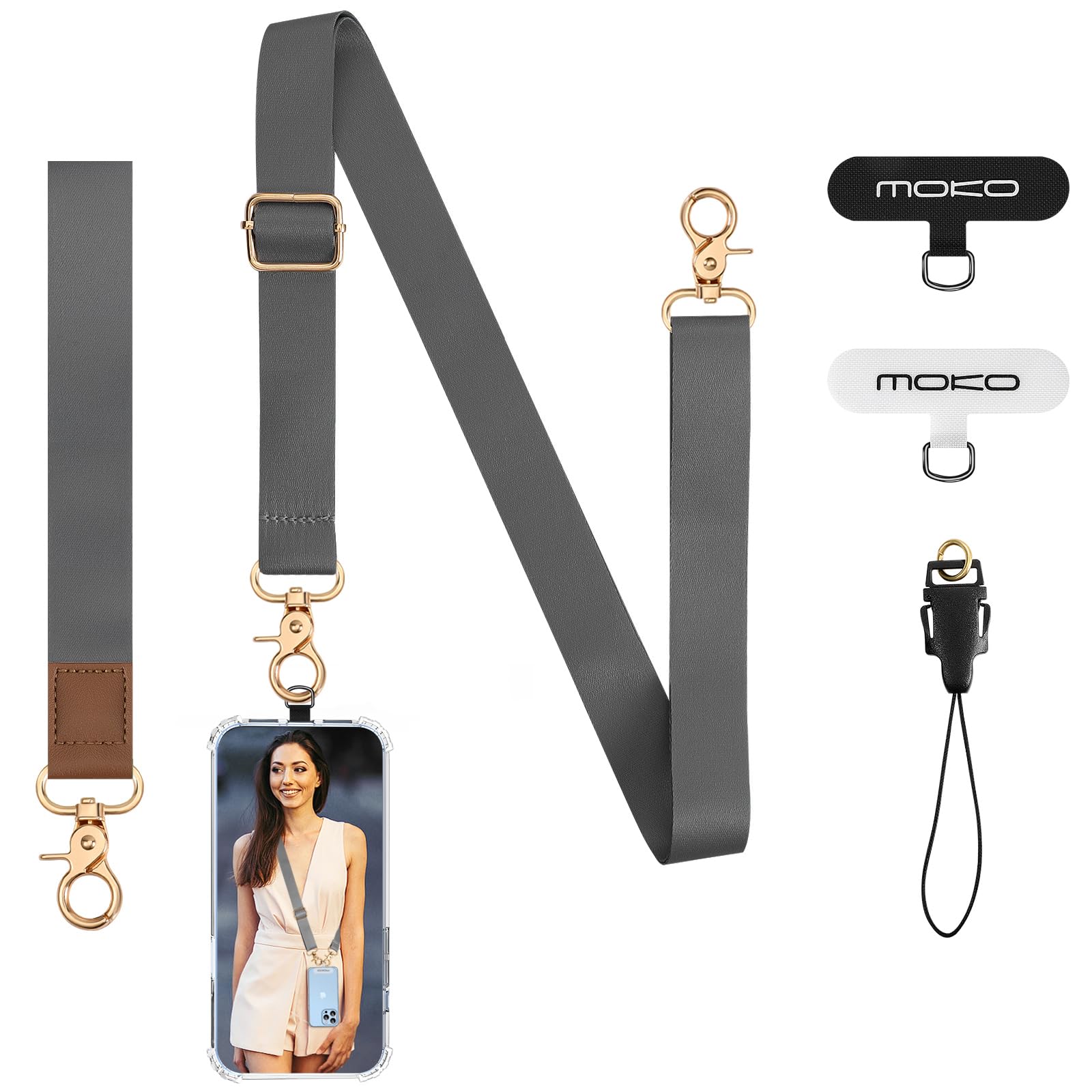 MoKo Adjustable Phone Lanyard Crossbody, Universal Cell Phone Lanyards Around the Neck and Wristlet Strap, Phone Lanyard ×1, Wrist Strap ×1, Phone Tether ×1, Lanyard Patch ×2, Black & Gray