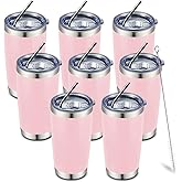 COMOOO 20oz 8 Pack Tumbler Double Wall Vacuum Insulated Coffee Travel Mug Stainless Steel Tumbler Bulk with Lid and Straw Insulated Coffee Cup for Cold & Hot Drinks (Pink, 8 Pack)