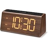 Cadmos Wooden Digital Alarm Clock for Bedroom,Electric Desk Clock with USB Port,Loud Alarm for Heavy Sleepers,Adjustable Volume & Dimmer,Snooze,DST,Wood Decor,Bedside & Desk Us(Brown - Amber Digits)