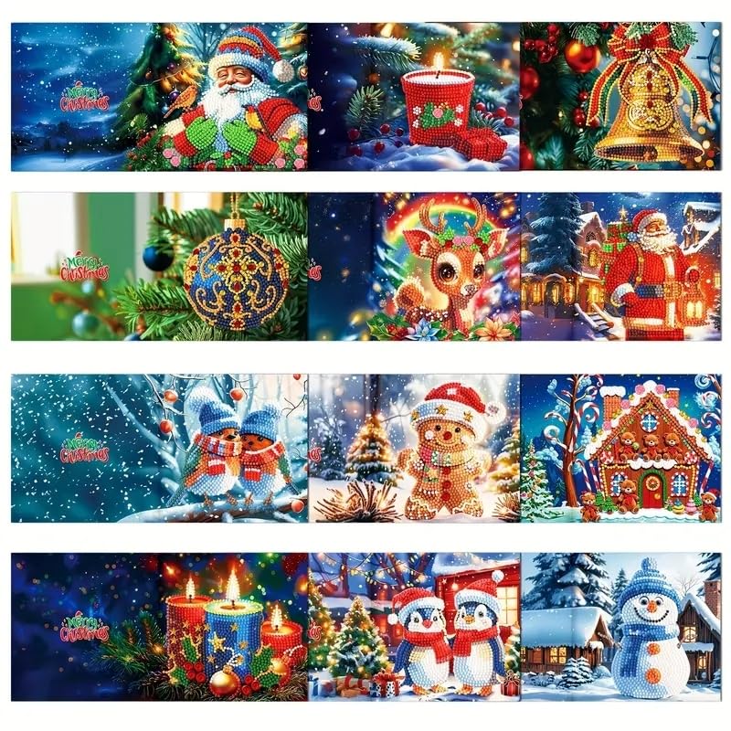 Syntego 12pcs Diamond Painting Christmas Greetings Cards | 5D DIY Diamond Art Christmas Card Kits for Adults | Unique Holiday Craft Kit for Gifting, Decoration & Personalized Festive Wishes
