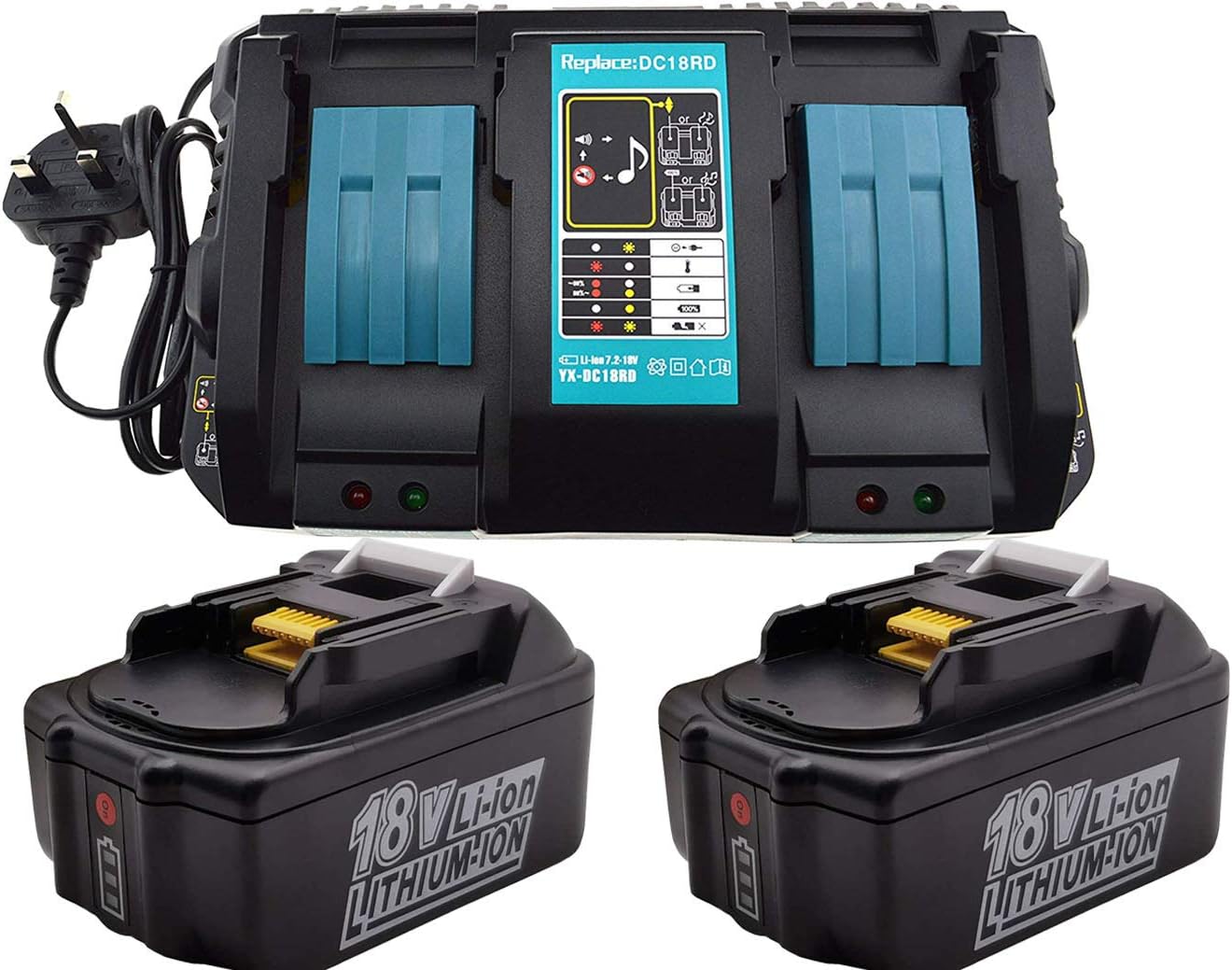 2x 18V 5.0Ah BL1850 B replacement battery with 4A 110V DC18RD Dual Quick Charger for Makita BL1830 BL1840 BL1850,Makita Radio DMR100 DMR102 DMR103B DMR104 DMR105 DMR108 DUR181Z DUC353Z DUH523Z