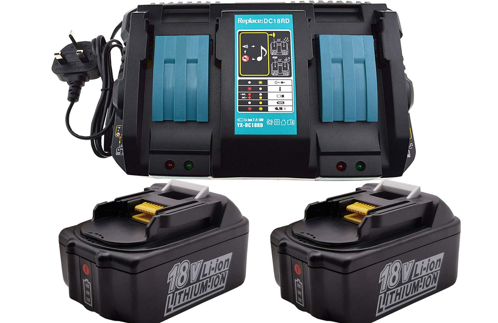 2x 18V 5.0Ah BL1850 B replacement battery with 4A 110V DC18RD Dual Quick Charger for Makita BL1830 BL1840 BL1850,Makita Radio DMR100 DMR102 DMR103B DMR104 DMR105 DMR108 DUR181Z DUC353Z DUH523Z
